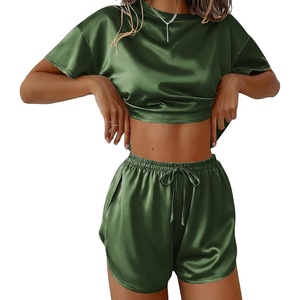 Ekouaer Womens Silk Pajama Sets Side Split Shorts Satin Pjs Sexy Lounge Set(Army Green)