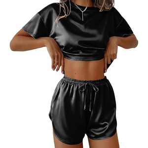 Ekouaer Womens Silk Pajama Sets Side Split Shorts Satin Pjs Sexy Lounge Set(Black)