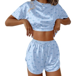 Ekouaer Womens Silk Pajama Sets Side Split Shorts Satin Pjs Sexy Lounge Set(Blue Bow)