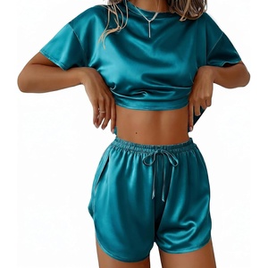 Ekouaer Womens Silk Pajama Sets Side Split Shorts Satin Pjs Sexy Lounge Set(Blue Green)