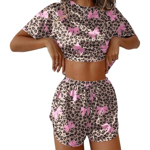 Ekouaer Womens Silk Pajama Sets Side Split Shorts Satin Pjs Sexy Lounge Set(Bows and Leopard Print)