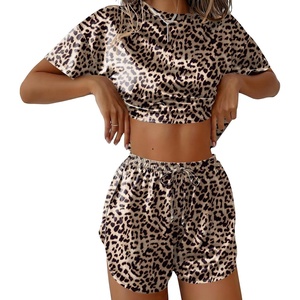 Ekouaer Womens Silk Pajama Sets Side Split Shorts Satin Pjs Sexy Lounge Set(Leopard Print)
