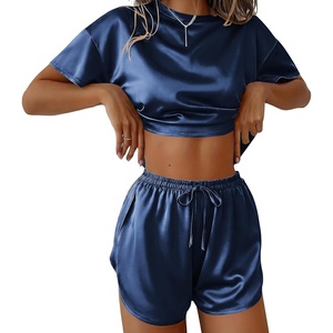 Ekouaer Womens Silk Pajama Sets Side Split Shorts Satin Pjs Sexy Lounge Set(Navy)