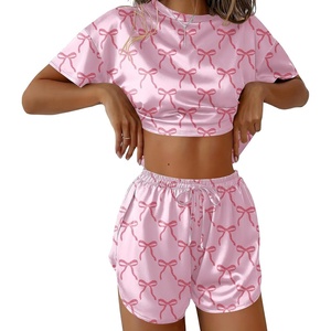 Ekouaer Womens Silk Pajama Sets Side Split Shorts Satin Pjs Sexy Lounge Set(Pink Bow)