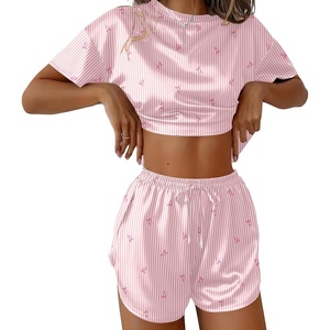 Ekouaer Womens Silk Pajama Sets Side Split Shorts Satin Pjs Sexy Lounge Set(Pink Striped Bow)
