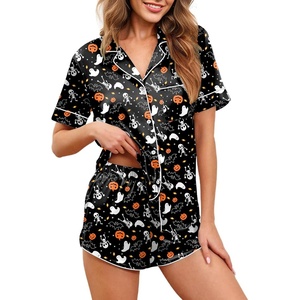 Ekouaer Womens Silk Satin Pajamas Set Short Sleeve Sleepwear S-5X Plus Size(Black Halloween Print)
