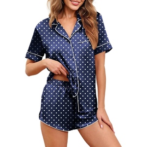 Ekouaer Womens Silk Satin Pajamas Set Short Sleeve Sleepwear S-5X Plus Size(Blue and White Polka Dots)
