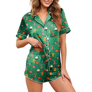 Ekouaer Womens Silk Satin Pajamas Set Short Sleeve Sleepwear S-5X Plus Size(Green Christmas Print)