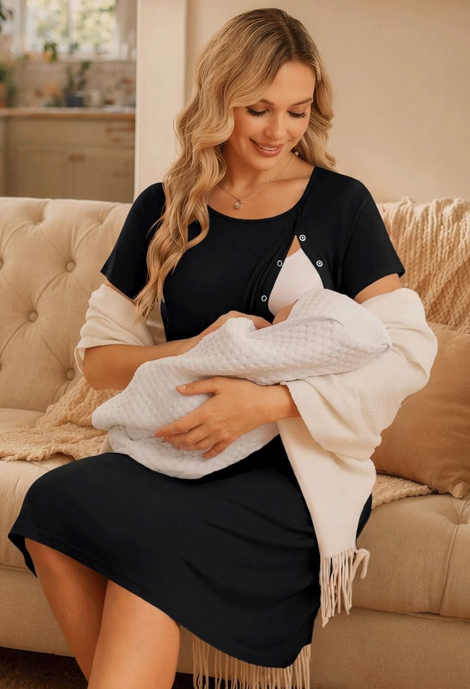 image:image2 Pack Labor and Delivery Gown 3 in 1 Maternity Nursing Hospital Nightgown2 Pcs Black Light Blue