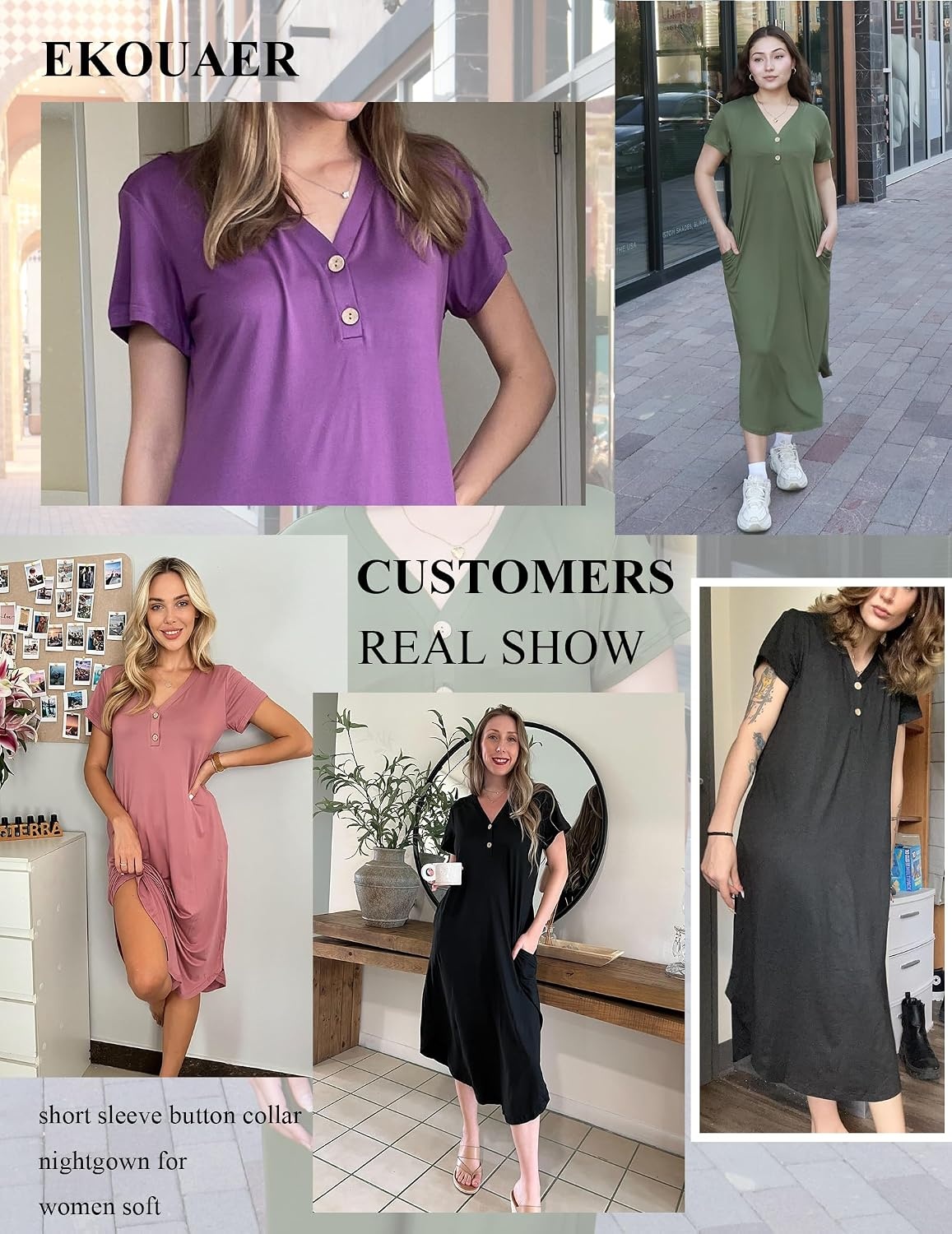 image:imageEkouaer Long Nightgowns For Women Short Sleeve Midi Nightgown With PocketsButterfly