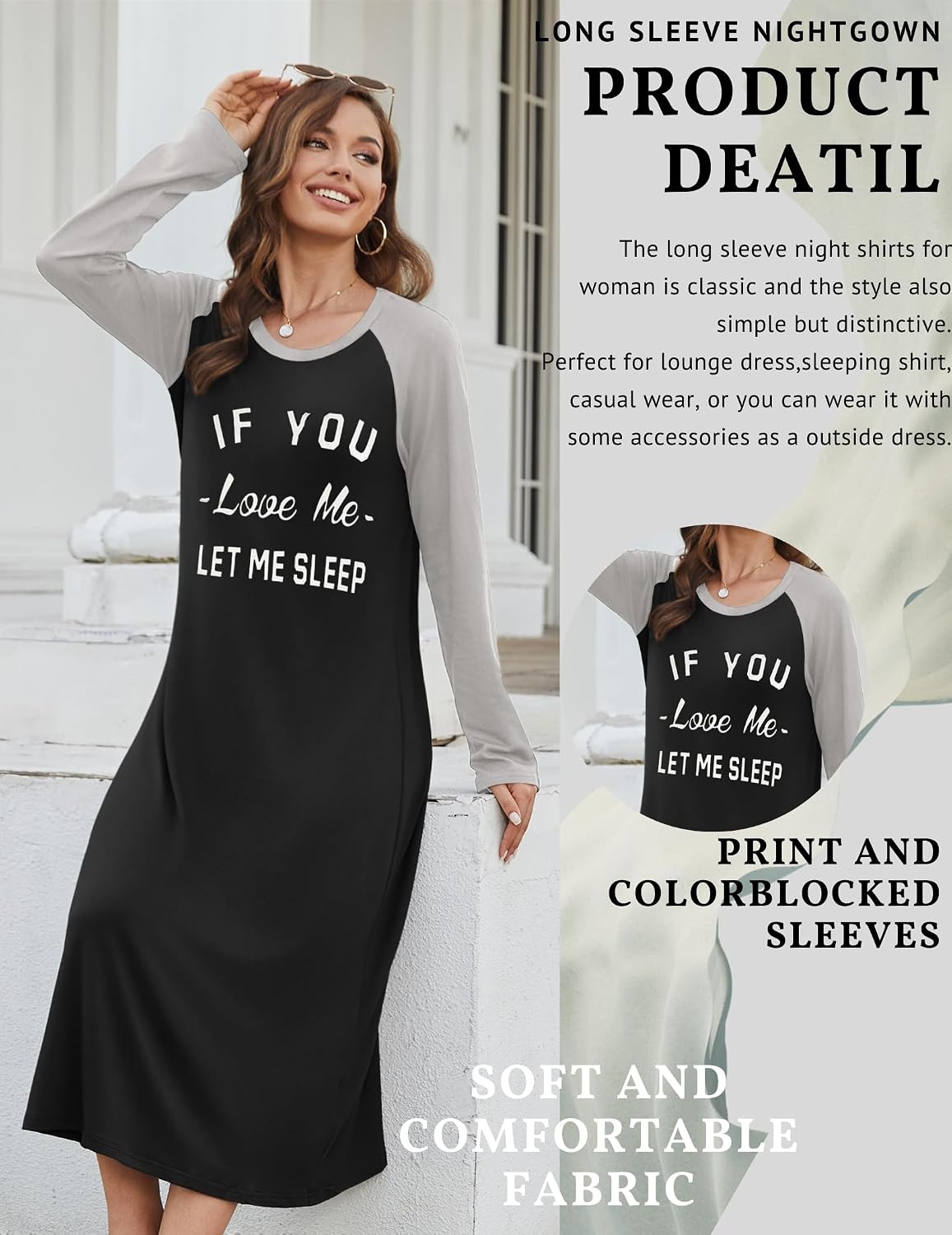 image:imageEkouaer Long Sleeve Nightgowns for Women Calf Length Sleep ShirtsBlack Love Me