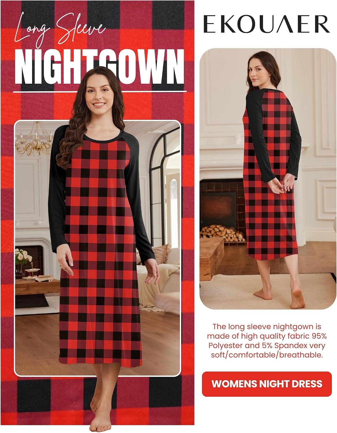 image:imageEkouaer Long Sleeve Nightgowns for Women Calf Length Sleep ShirtsRed Black Plaid