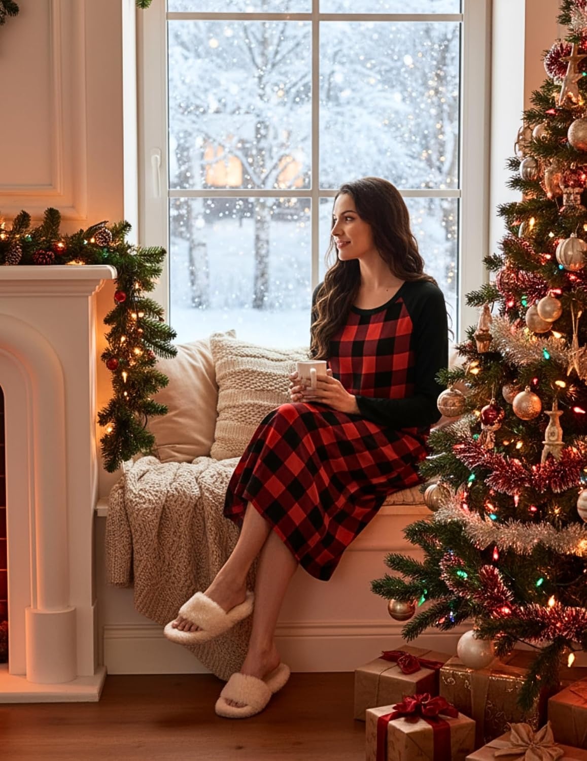 image:imageEkouaer Long Sleeve Nightgowns for Women Calf Length Sleep ShirtsRed Black Plaid