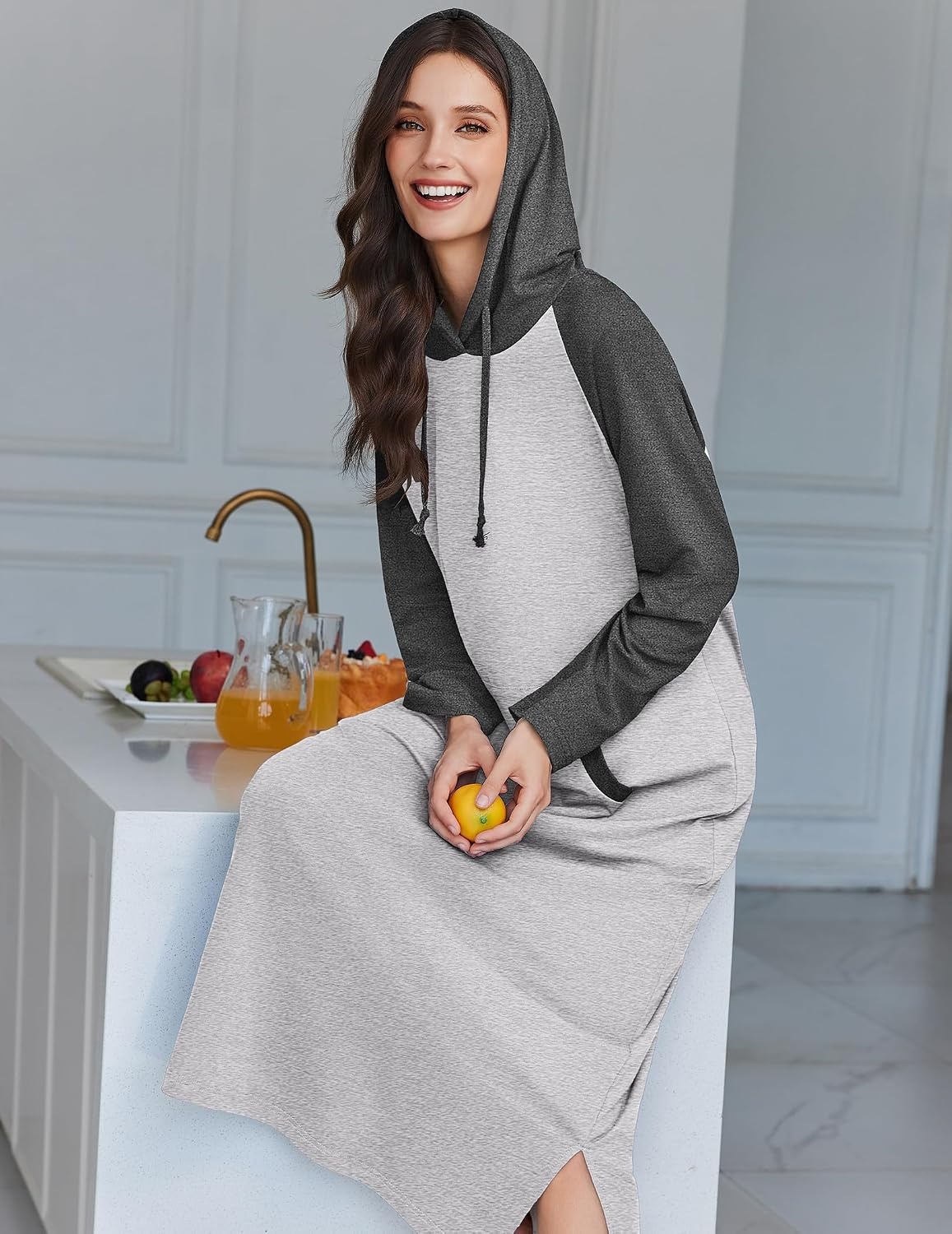 image:imageEkouaer Nightgowns for Women Cotton Nightgown Long Sleeve Hooded Night GownAgrey