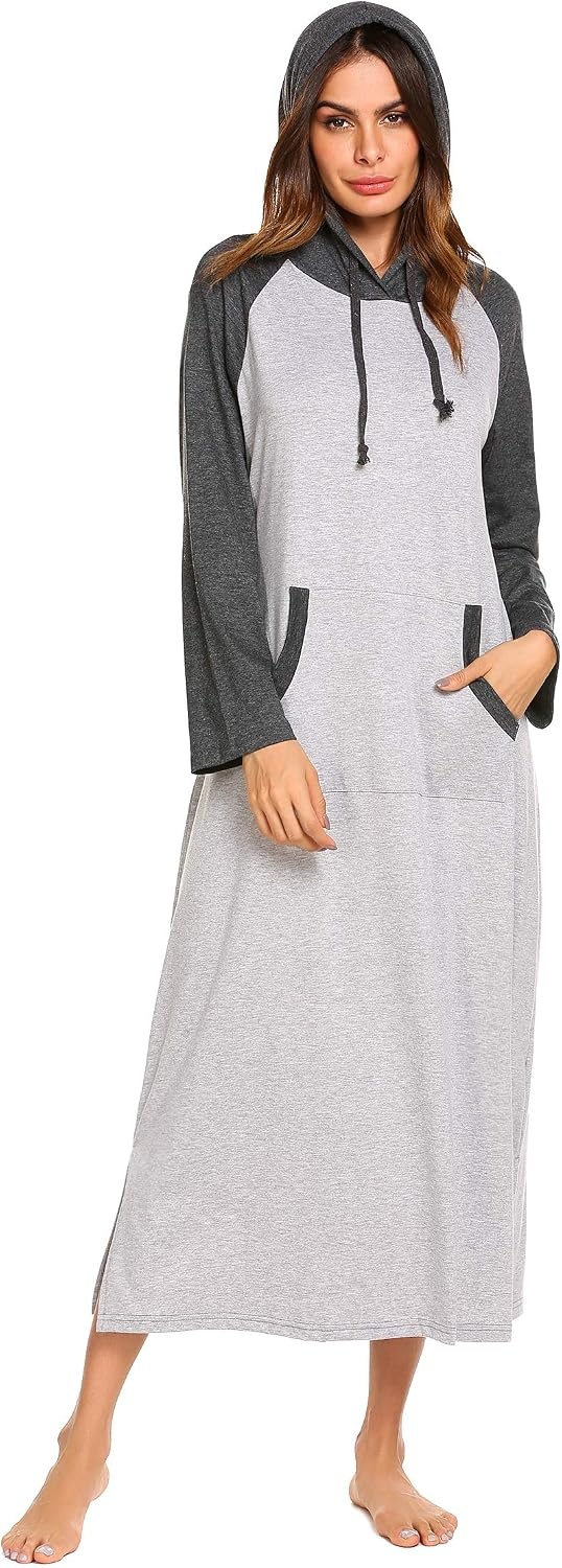 image:imageEkouaer Nightgowns for Women Cotton Nightgown Long Sleeve Hooded Night GownAgrey