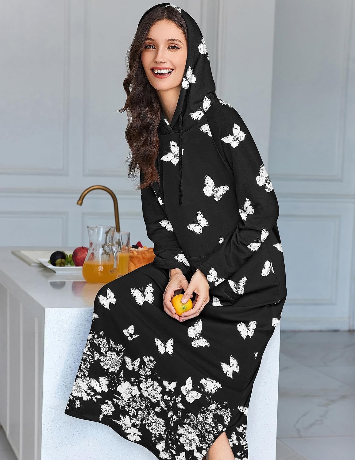 image:imageEkouaer Nightgowns for Women Cotton Nightgown Long Sleeve Hooded Night GownBlack Butterfly