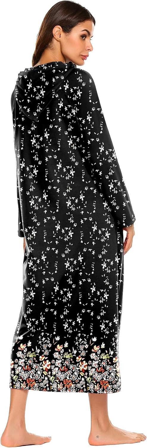 image:imageEkouaer Nightgowns for Women Cotton Nightgown Long Sleeve Hooded Night GownBlack Flowers