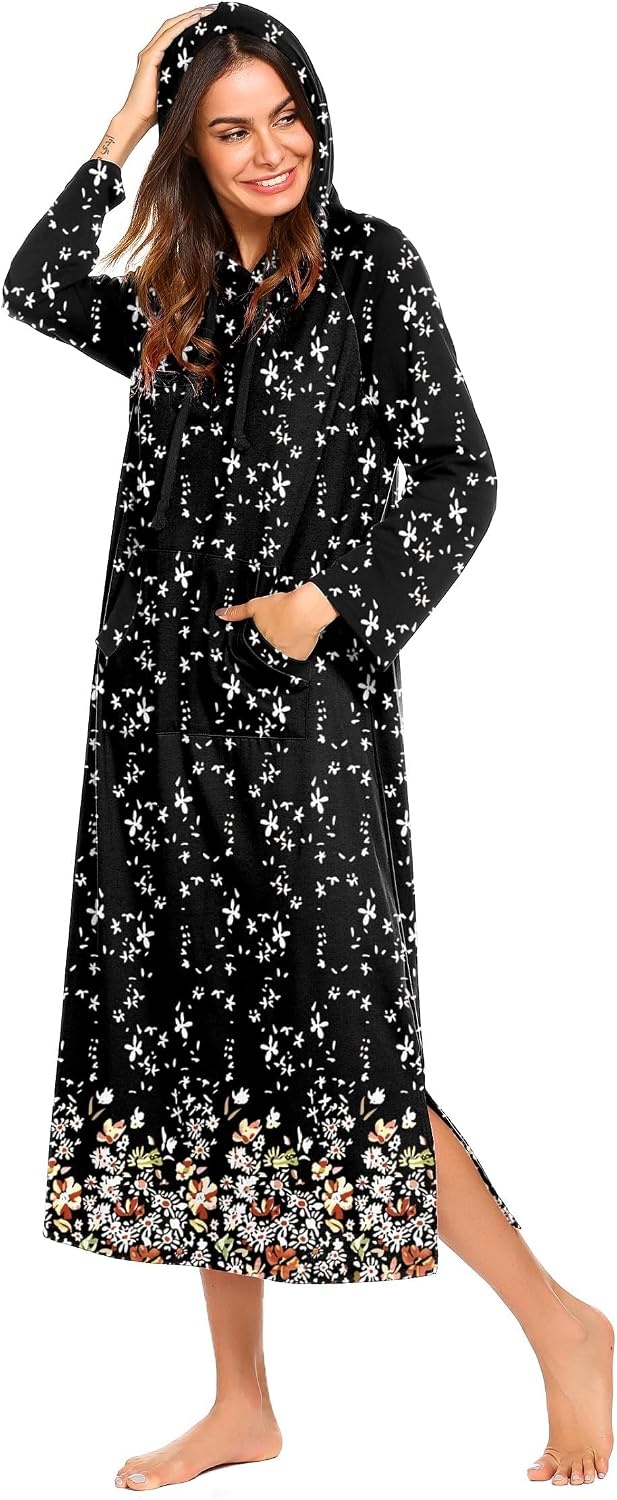 image:imageEkouaer Nightgowns for Women Cotton Nightgown Long Sleeve Hooded Night GownBlack Flowers