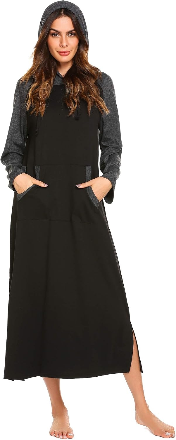 image:imageEkouaer Nightgowns for Women Cotton Nightgown Long Sleeve Hooded Night GownBlackGrey