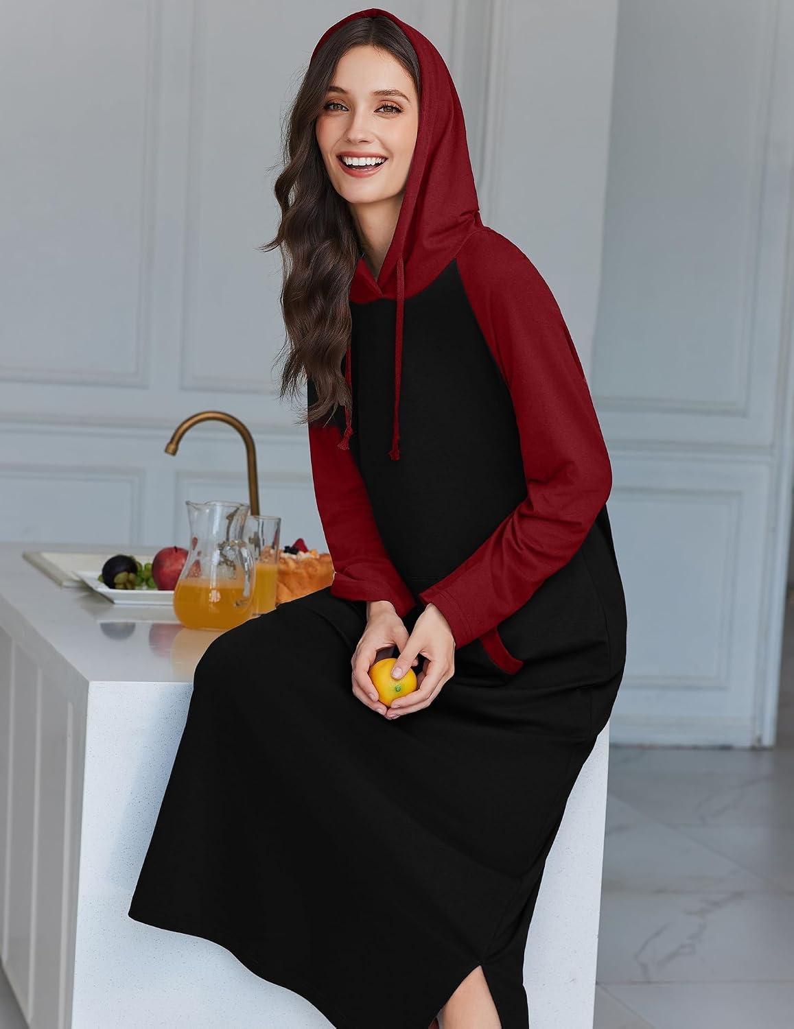 image:imageEkouaer Nightgowns for Women Cotton Nightgown Long Sleeve Hooded Night GownBlackRed