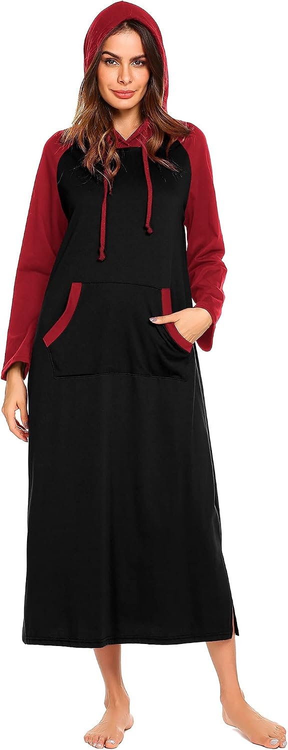 image:imageEkouaer Nightgowns for Women Cotton Nightgown Long Sleeve Hooded Night GownBlackRed