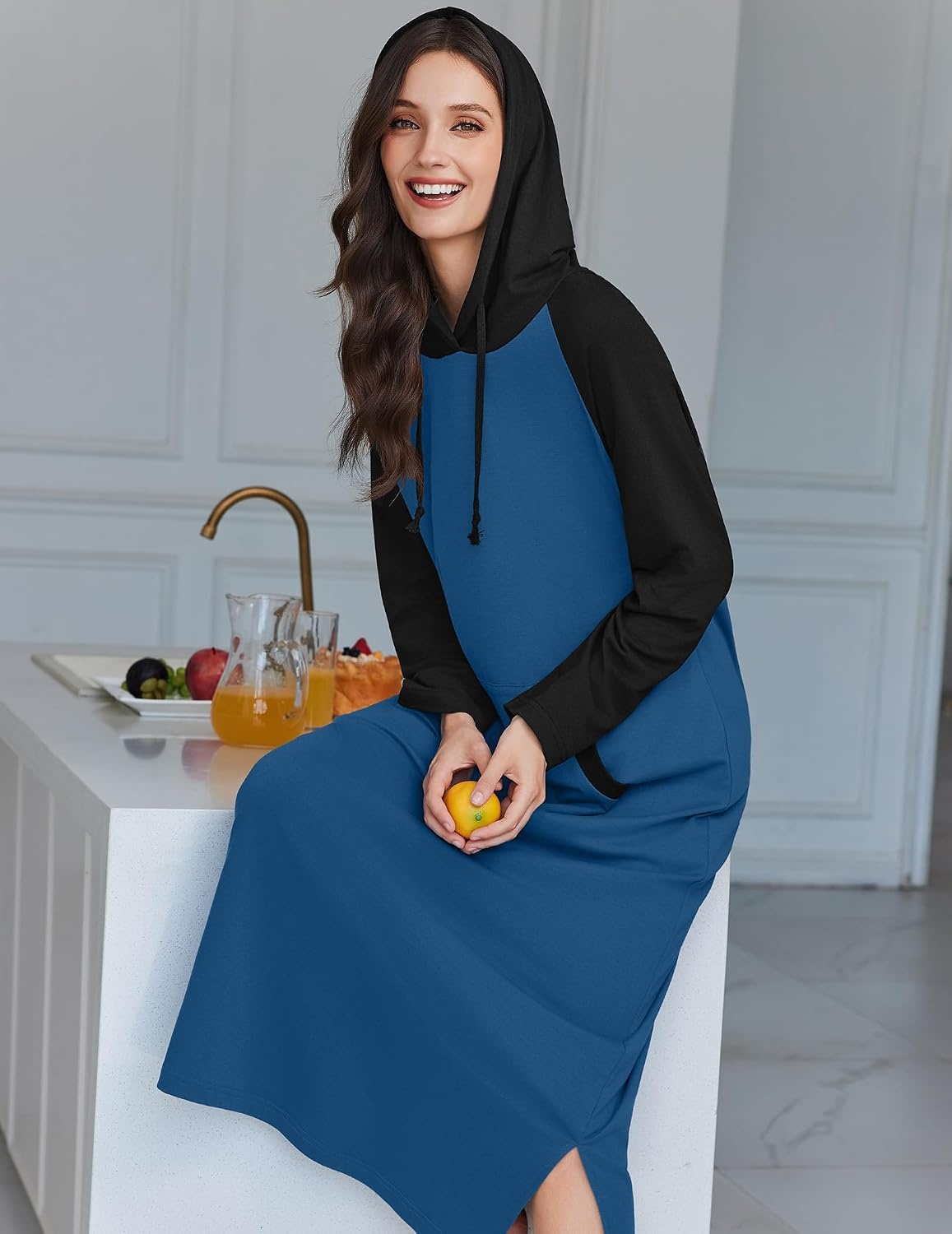 image:imageEkouaer Nightgowns for Women Cotton Nightgown Long Sleeve Hooded Night GownBlue
