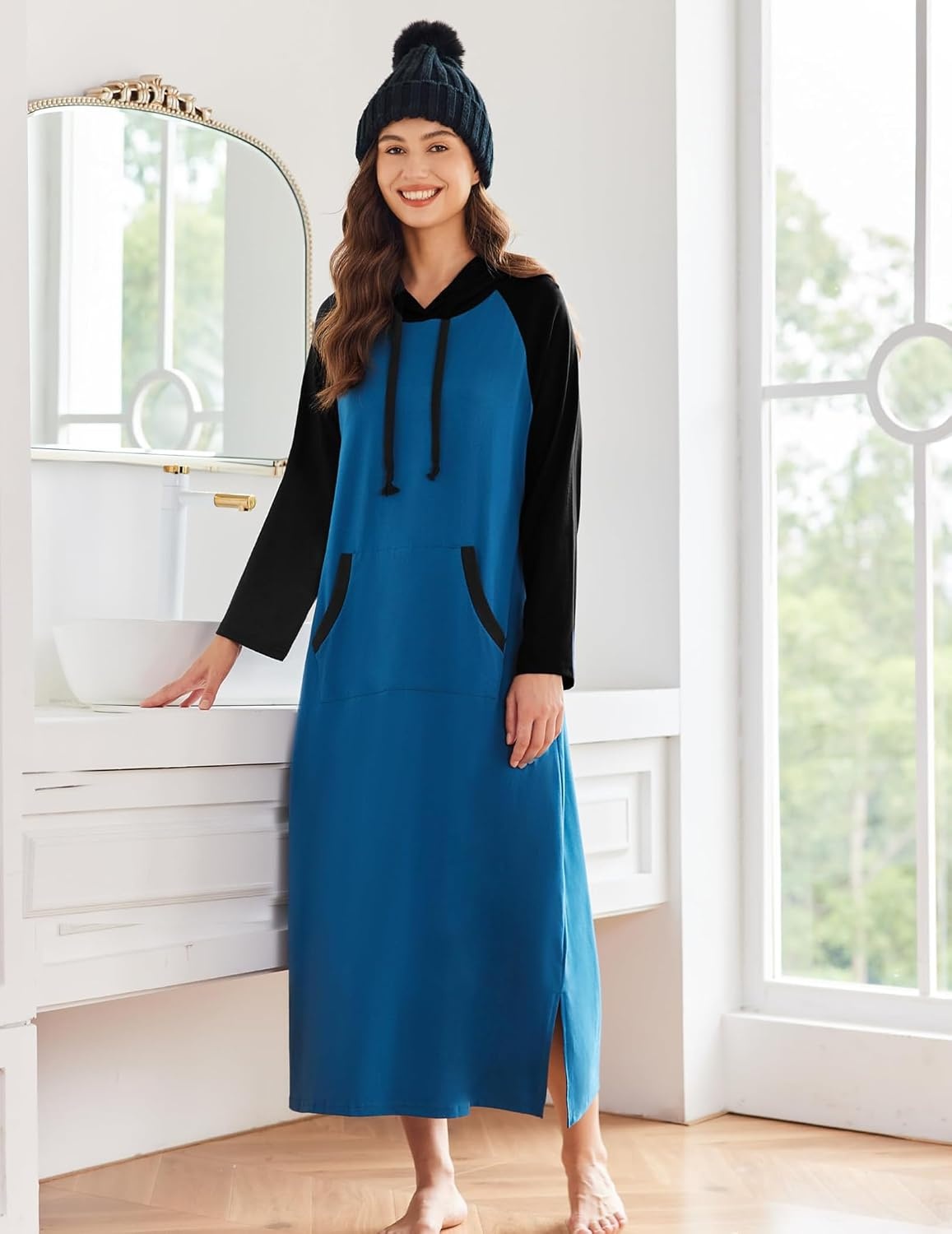 image:imageEkouaer Nightgowns for Women Cotton Nightgown Long Sleeve Hooded Night GownBlue