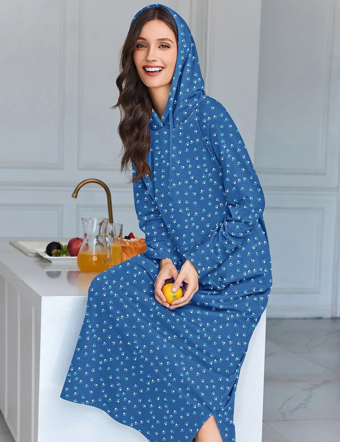 image:imageEkouaer Nightgowns for Women Cotton Nightgown Long Sleeve Hooded Night GownBlue Dog Footprints