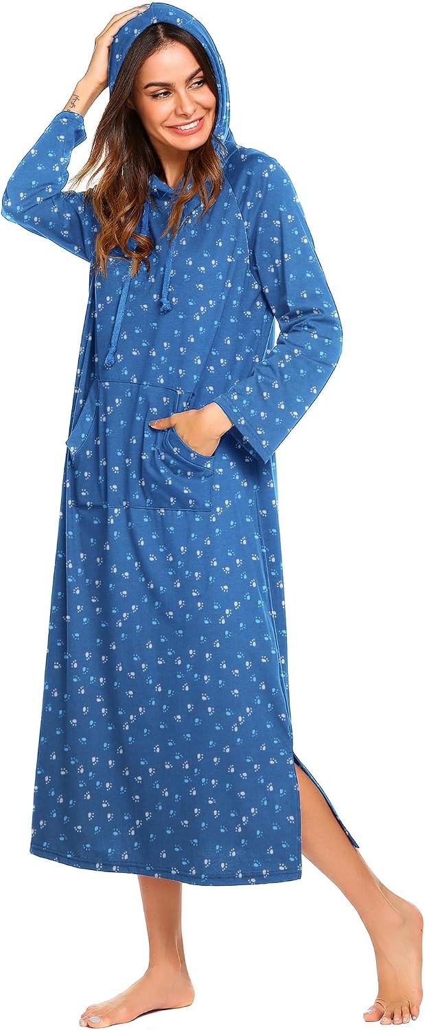 image:imageEkouaer Nightgowns for Women Cotton Nightgown Long Sleeve Hooded Night GownBlue Dog Footprints
