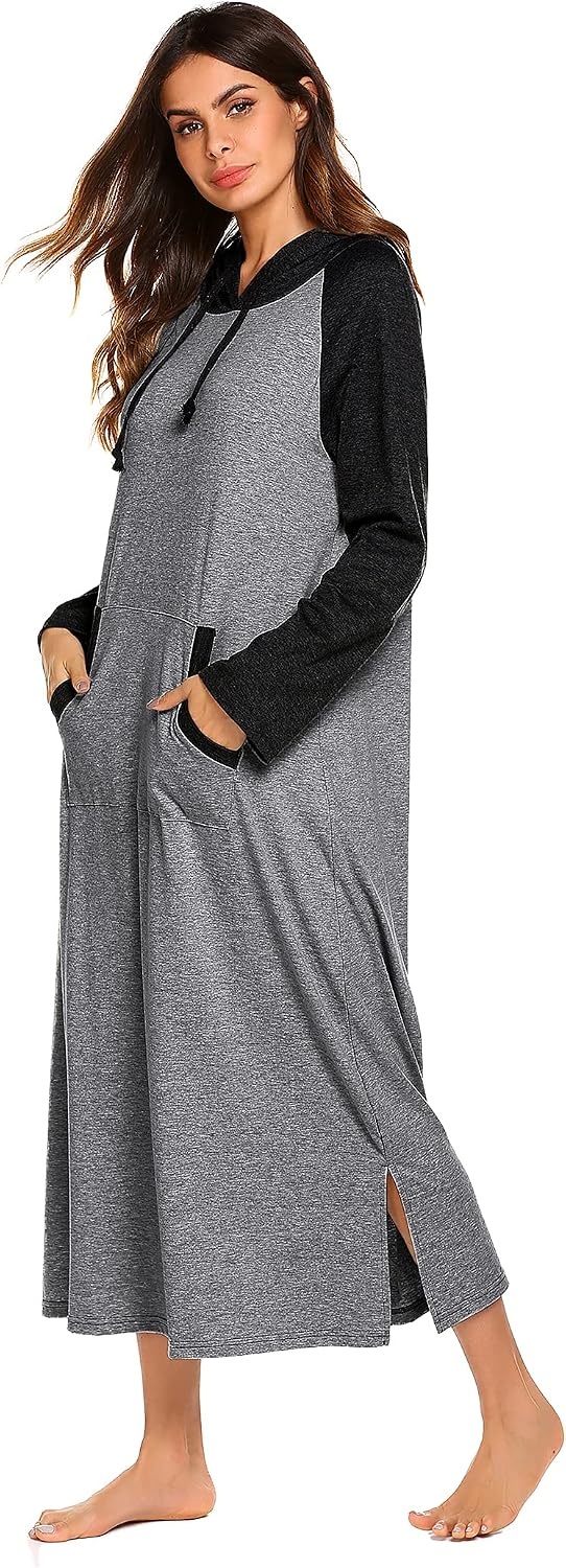 image:imageEkouaer Nightgowns for Women Cotton Nightgown Long Sleeve Hooded Night GownDark Grey