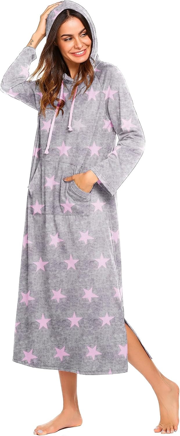 image:imageEkouaer Nightgowns for Women Cotton Nightgown Long Sleeve Hooded Night GownGrey Pink Stras