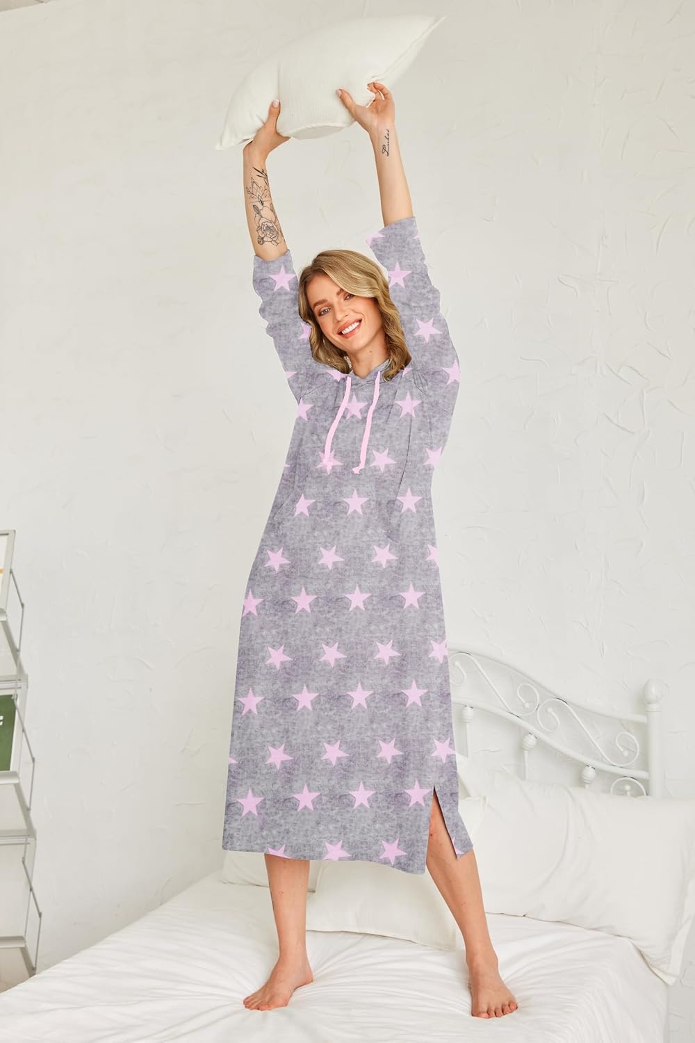 image:imageEkouaer Nightgowns for Women Cotton Nightgown Long Sleeve Hooded Night GownGrey Pink Stras