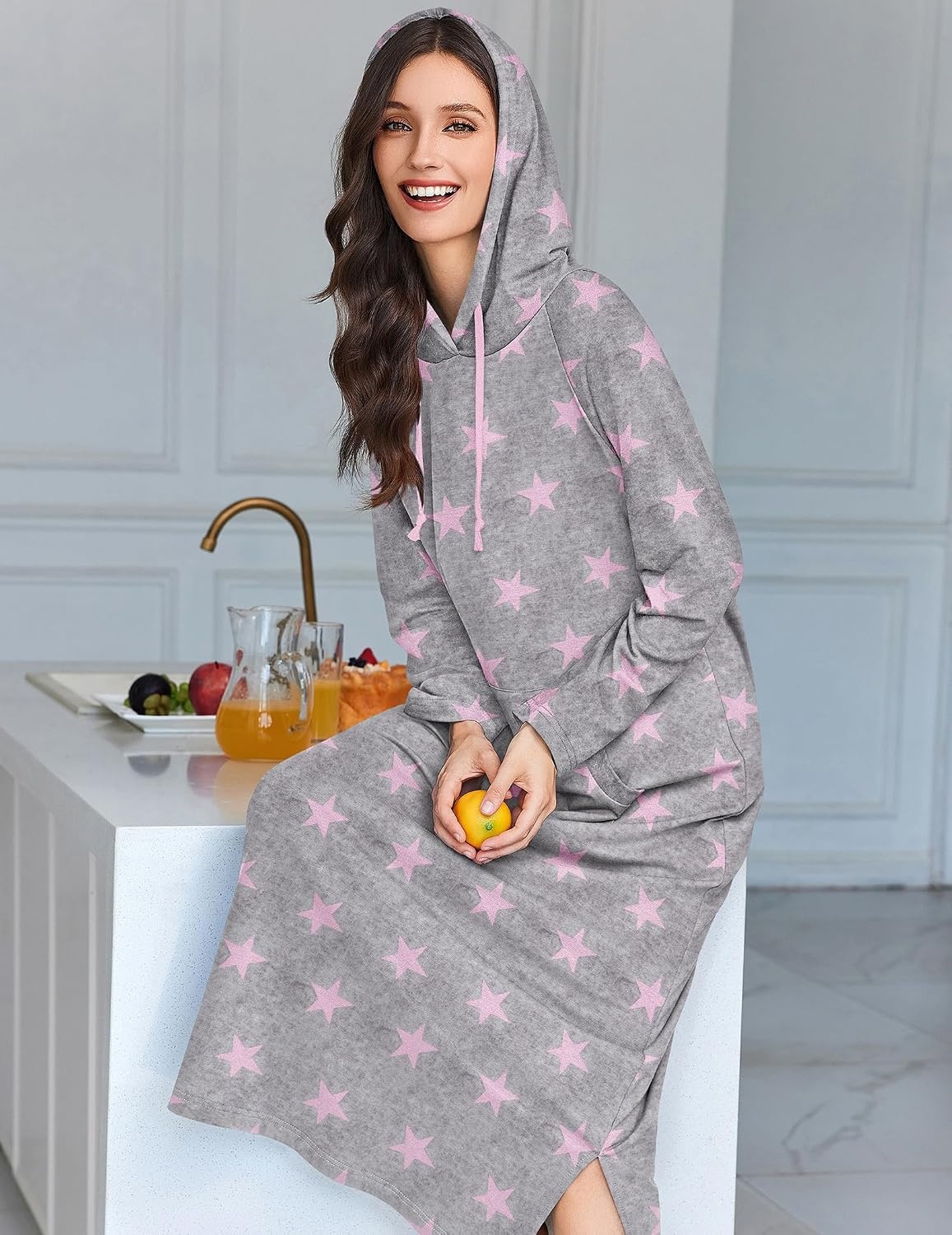 image:imageEkouaer Nightgowns for Women Cotton Nightgown Long Sleeve Hooded Night GownGrey Pink Stras