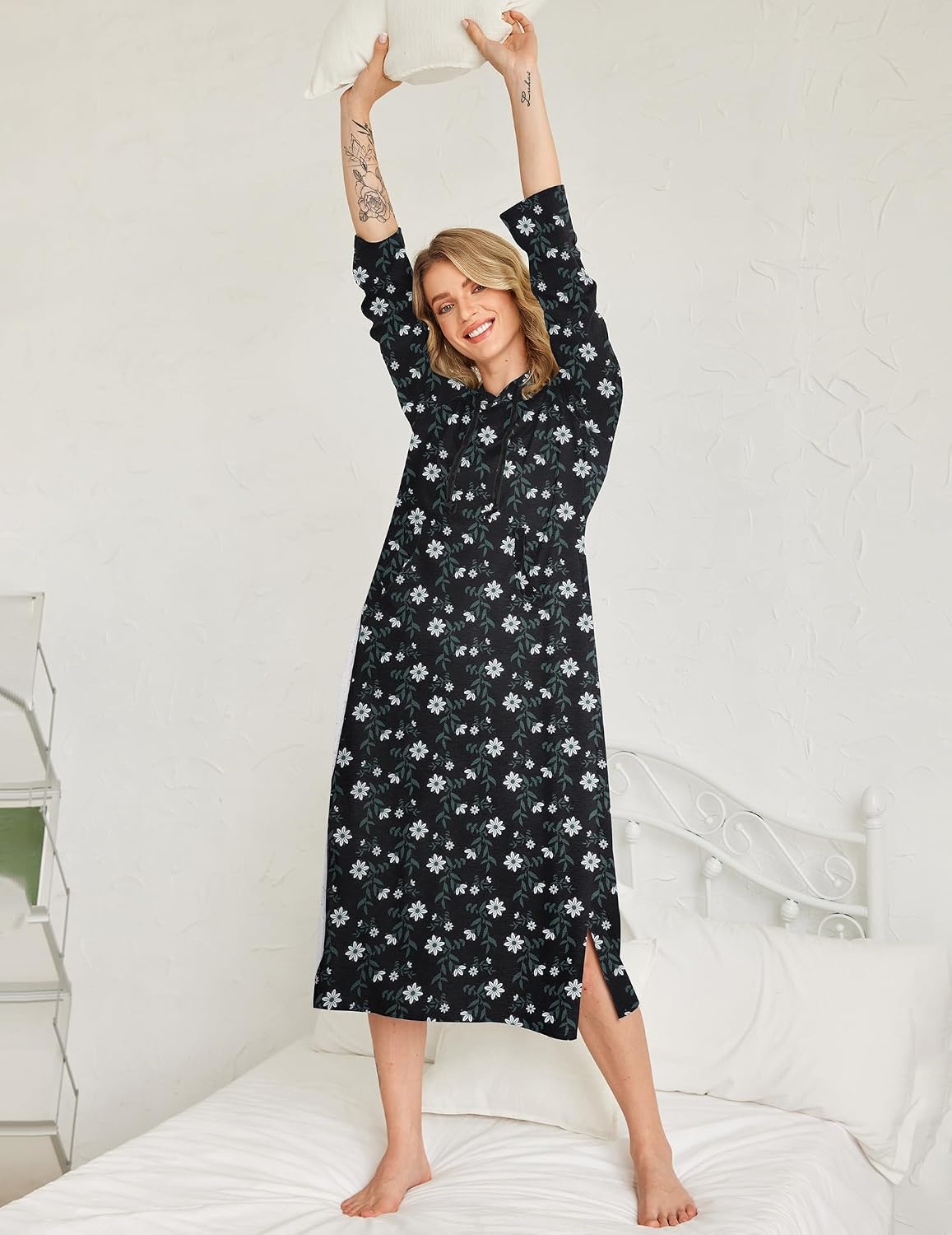 image:imageEkouaer Nightgowns for Women Cotton Nightgown Long Sleeve Hooded Night GownNavy Flowers