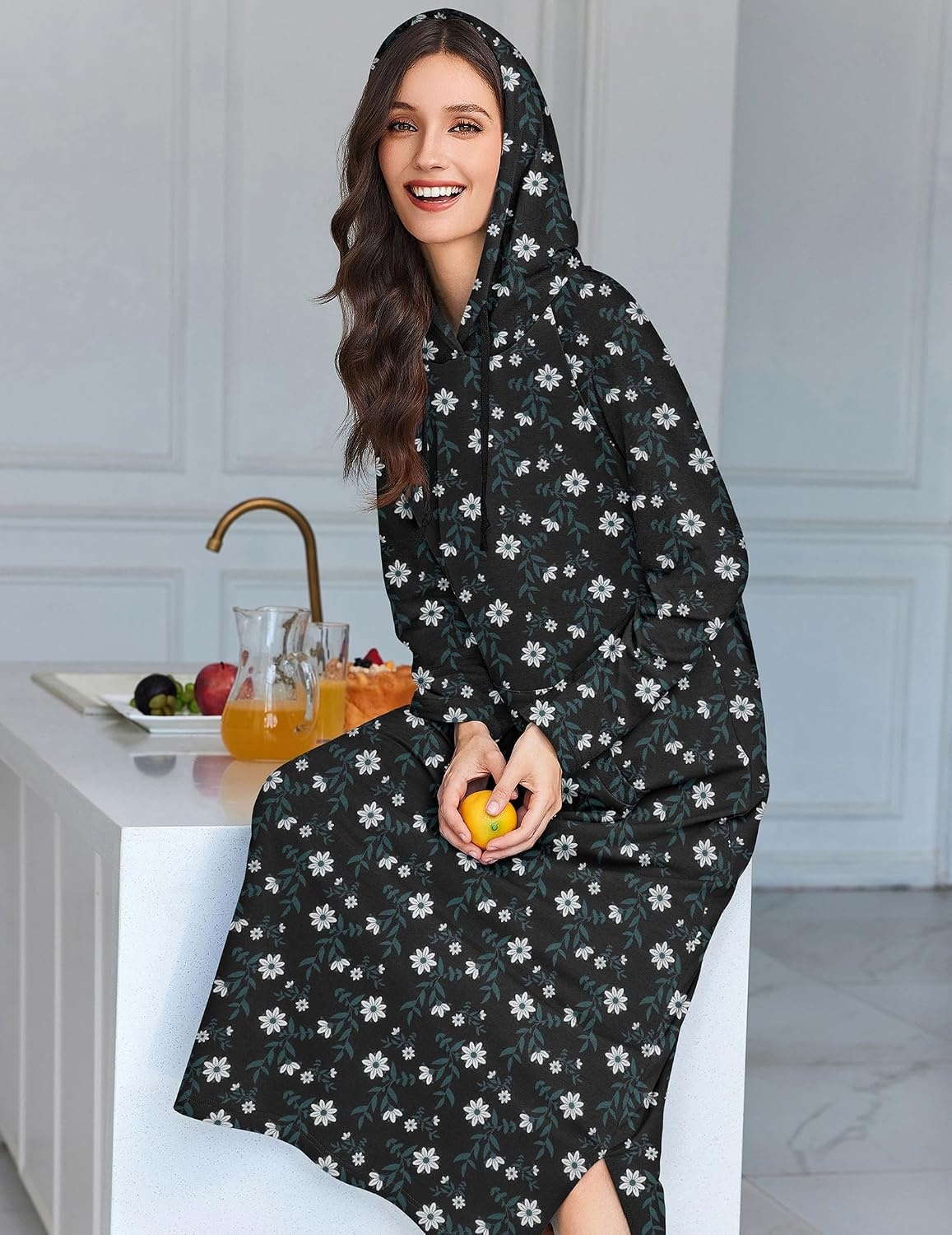 image:imageEkouaer Nightgowns for Women Cotton Nightgown Long Sleeve Hooded Night GownNavy Flowers