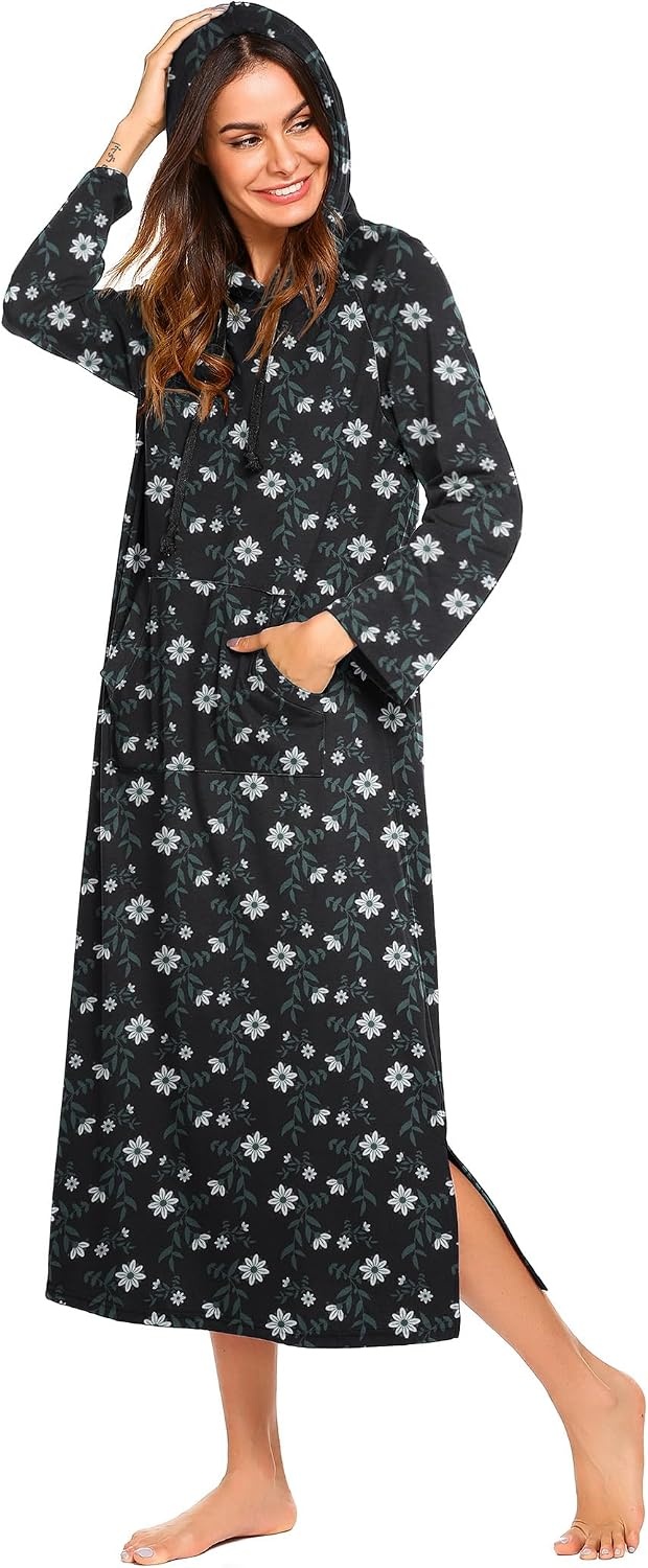 image:imageEkouaer Nightgowns for Women Cotton Nightgown Long Sleeve Hooded Night GownNavy Flowers