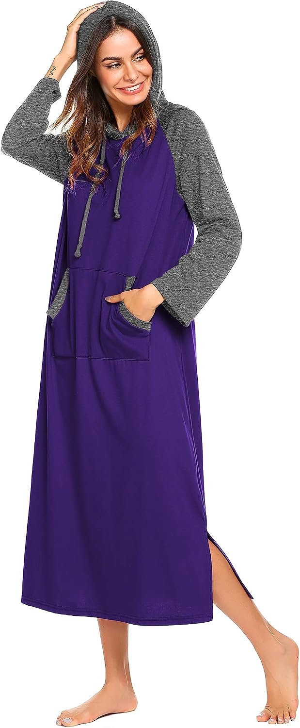 image:imageEkouaer Nightgowns for Women Cotton Nightgown Long Sleeve Hooded Night GownPurple