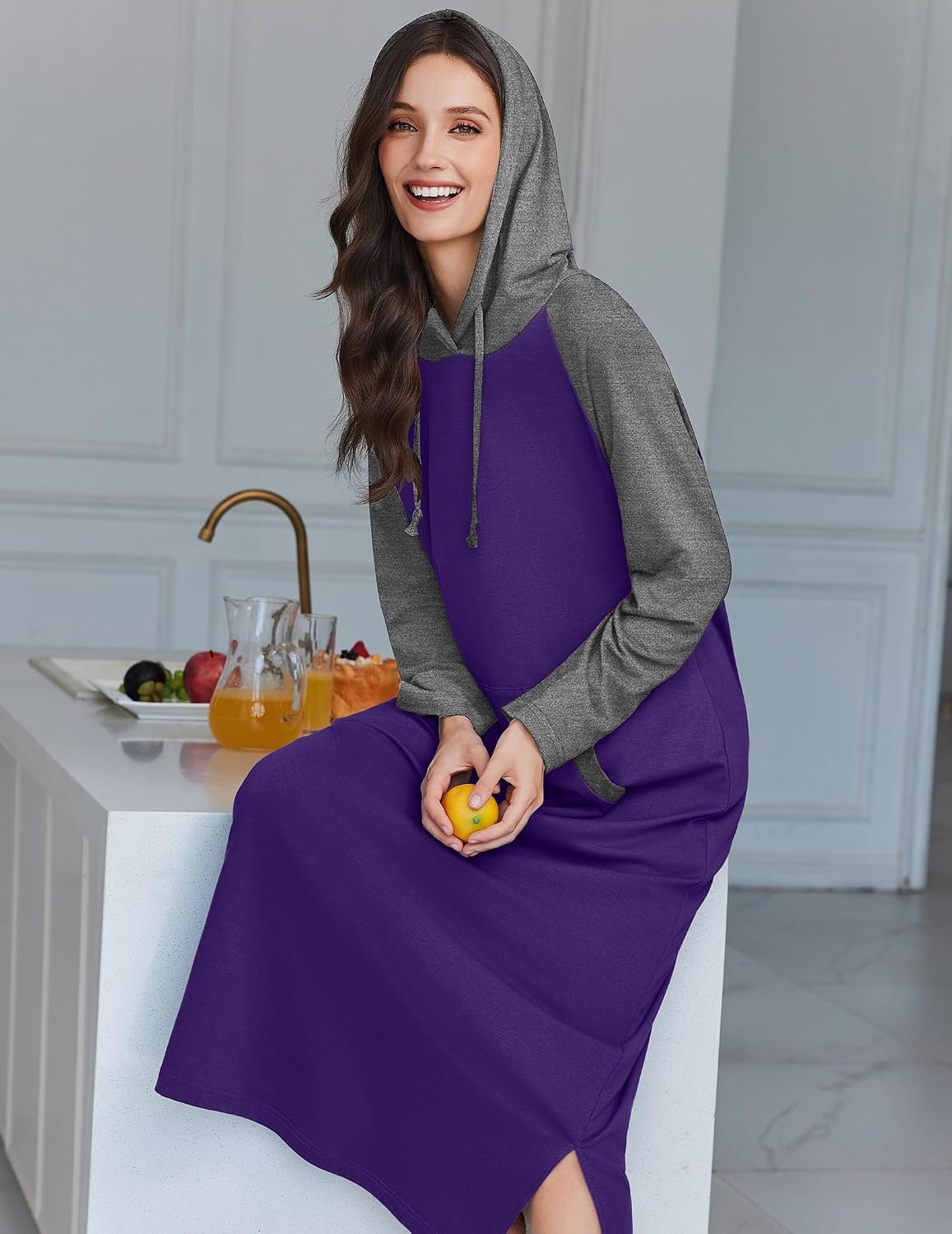 image:imageEkouaer Nightgowns for Women Cotton Nightgown Long Sleeve Hooded Night GownPurple