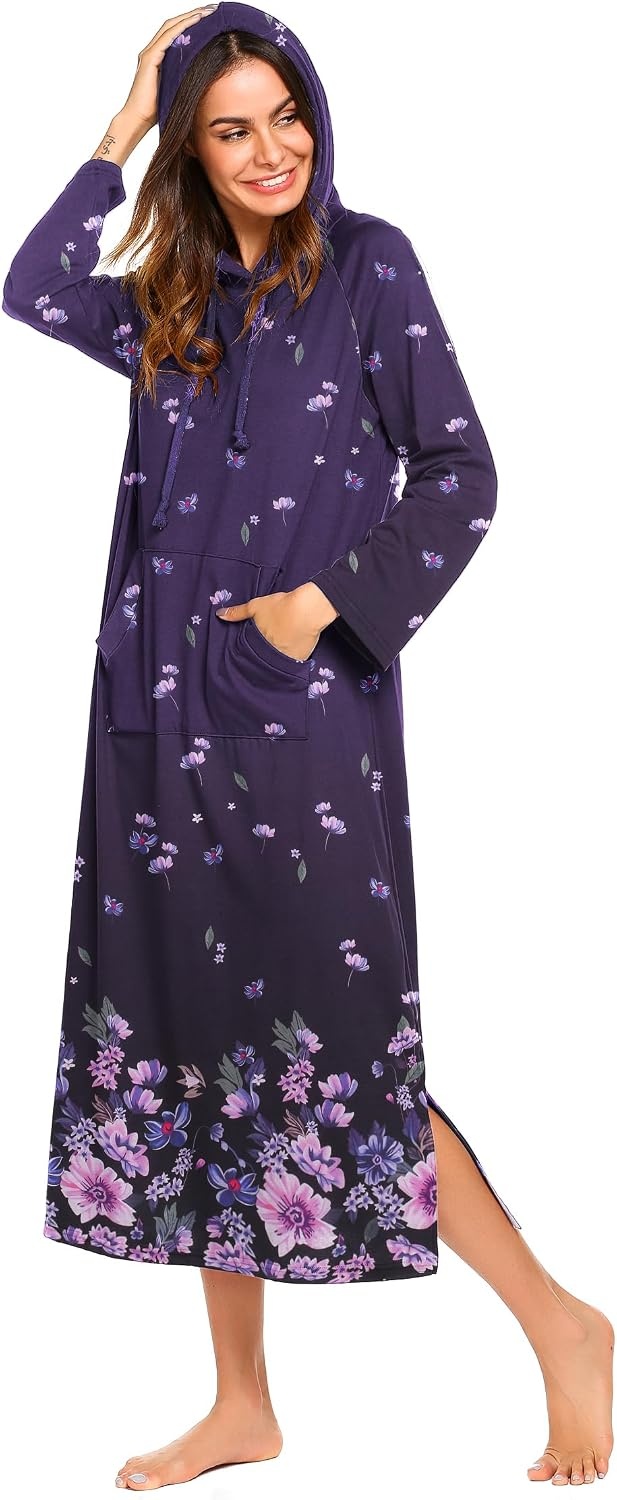 image:imageEkouaer Nightgowns for Women Cotton Nightgown Long Sleeve Hooded Night GownPurple Flower