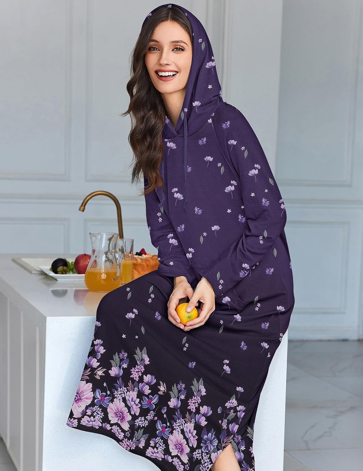 image:imageEkouaer Nightgowns for Women Cotton Nightgown Long Sleeve Hooded Night GownPurple Flower