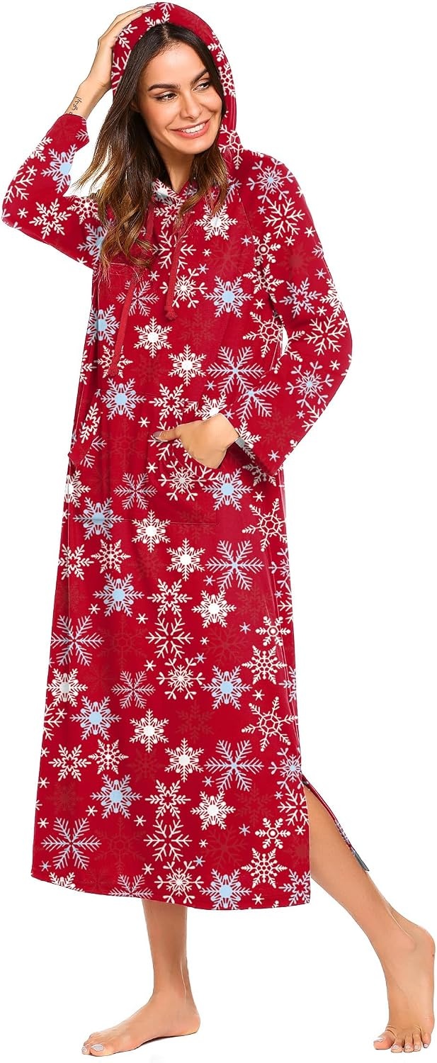 image:imageEkouaer Nightgowns for Women Cotton Nightgown Long Sleeve Hooded Night GownRed Snowflake