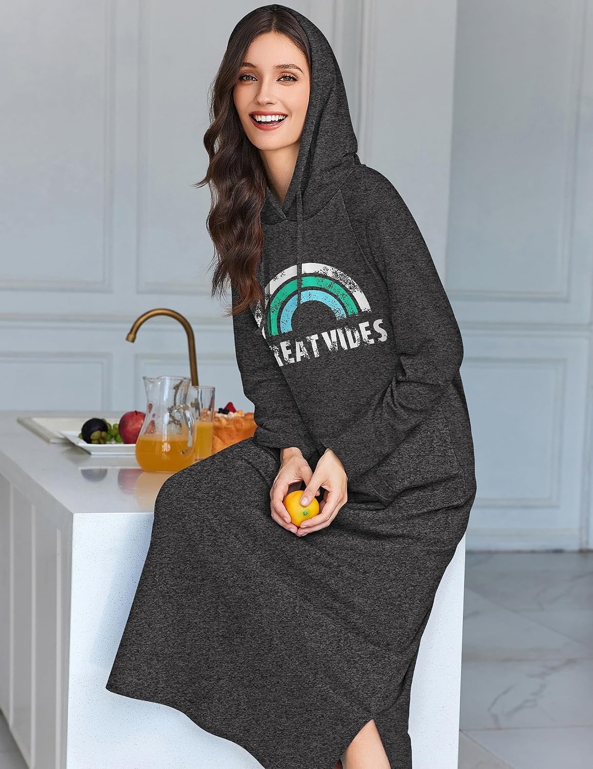 image:imageEkouaer Nightgowns for Women Cotton Nightgown Long Sleeve Hooded Night GownWine Red Gray Black