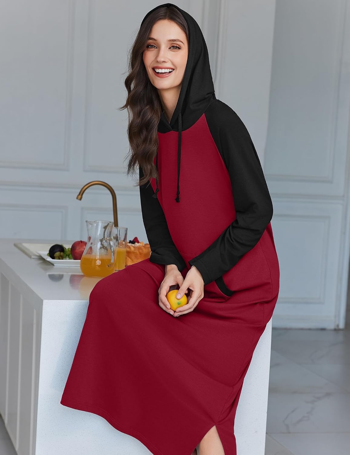 image:imageEkouaer Nightgowns for Women Cotton Nightgown Long Sleeve Hooded Night GownWine Red
