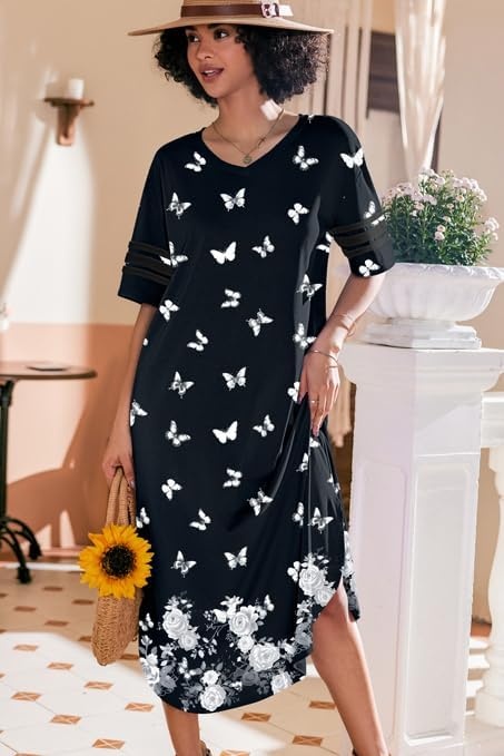 image:imageEkouaer Nightgowns for Women Long Nightgown Plus Size Moo Moos House DressBlack Butterfly