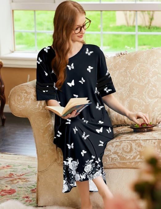 image:imageEkouaer Nightgowns for Women Long Nightgown Plus Size Moo Moos House DressBlack Butterfly