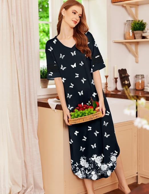 image:imageEkouaer Nightgowns for Women Long Nightgown Plus Size Moo Moos House DressBlack Butterfly