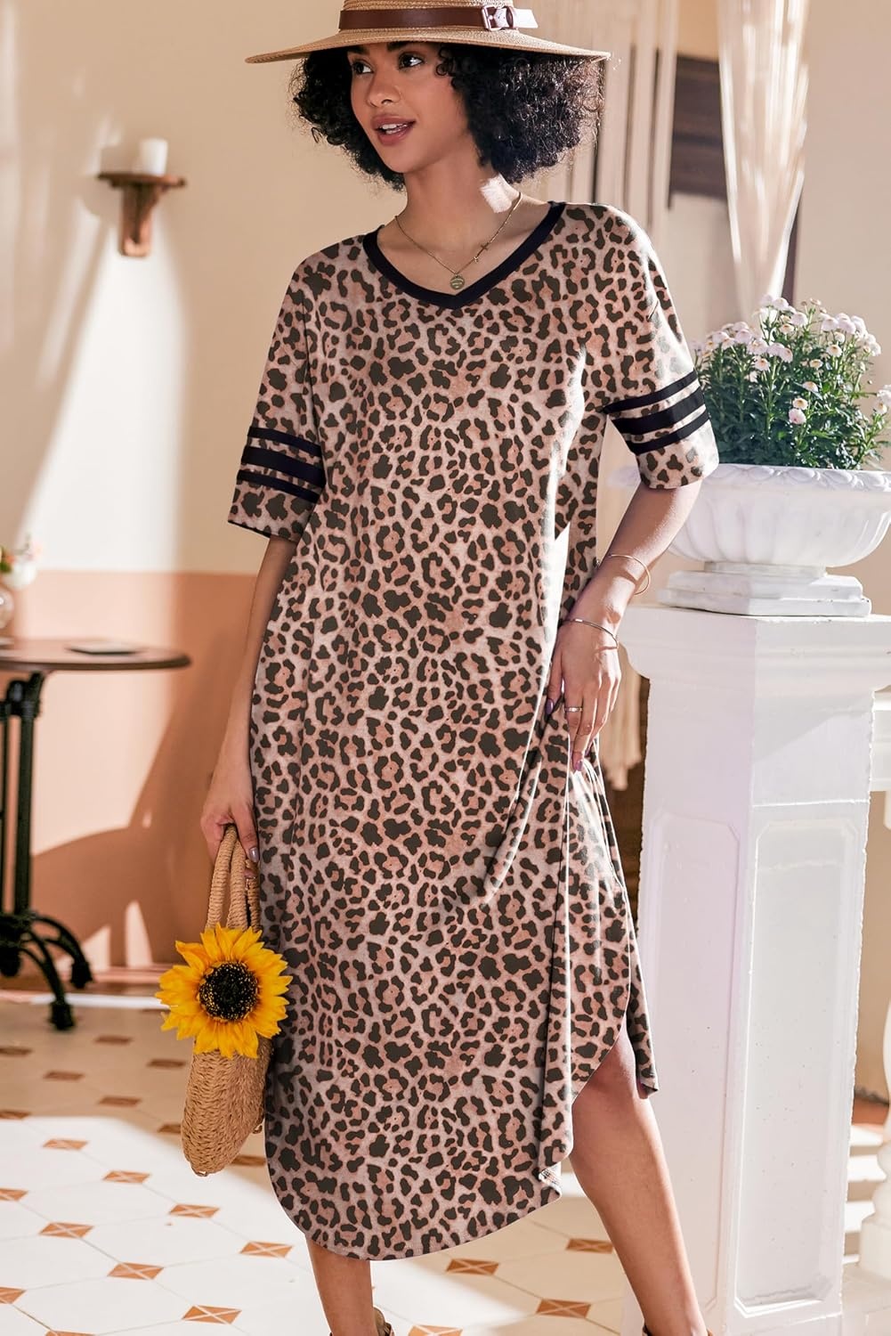 image:imageEkouaer Nightgowns for Women Long Nightgown Plus Size Moo Moos House DressBrown Leopard Print