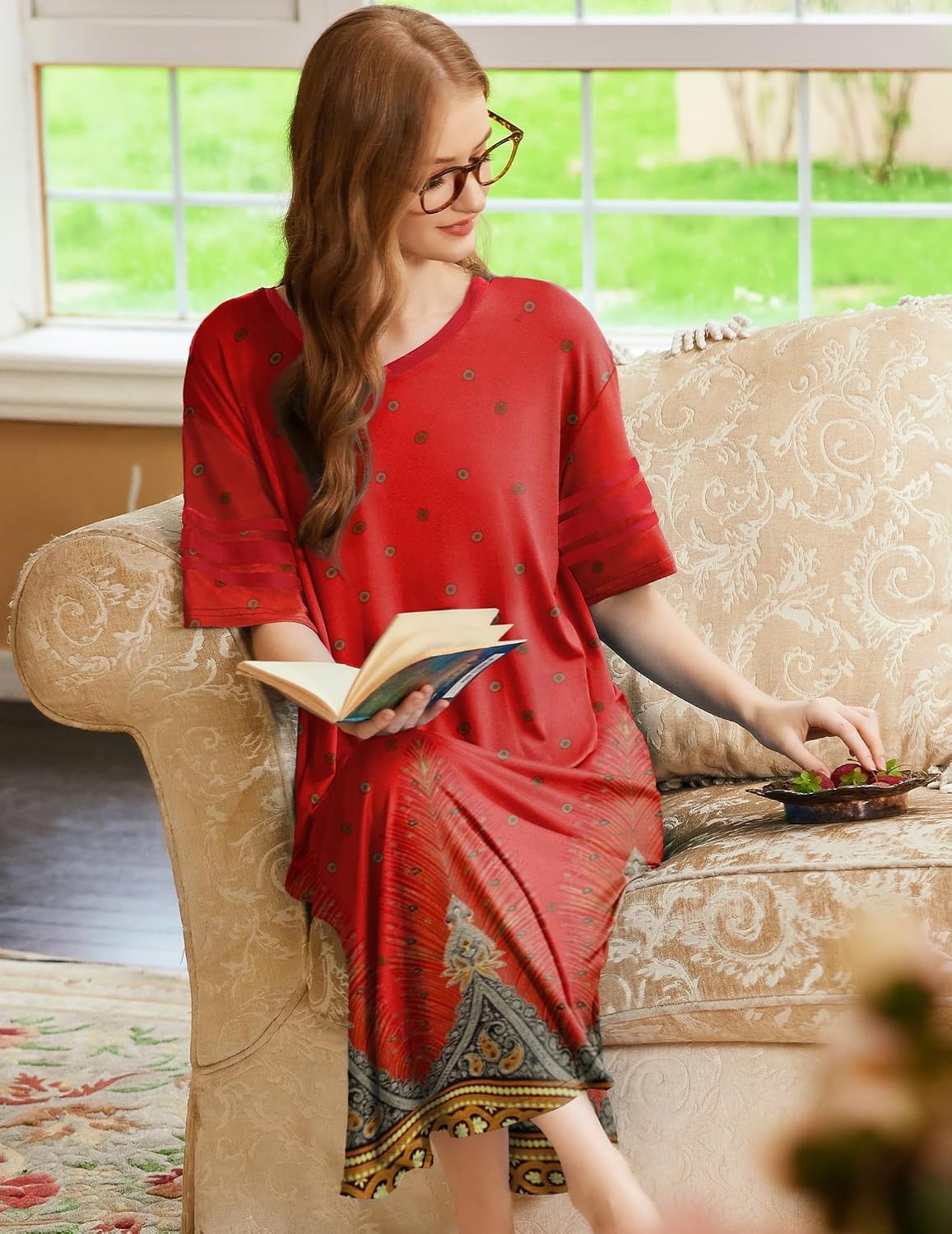 image:imageEkouaer Nightgowns for Women Long Nightgown Plus Size Moo Moos House DressPeacock Feather