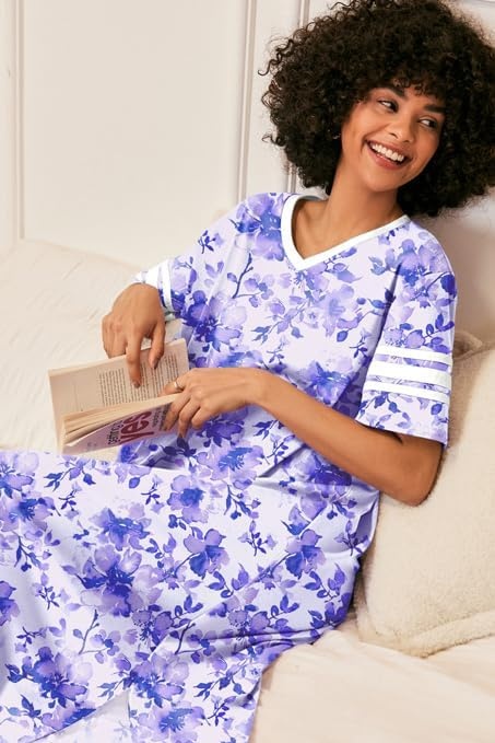 image:imageEkouaer Nightgowns for Women Long Nightgown Plus Size Moo Moos House DressPurple Watercolor Flowers