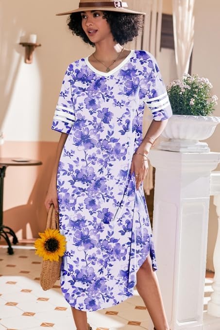 image:imageEkouaer Nightgowns for Women Long Nightgown Plus Size Moo Moos House DressPurple Watercolor Flowers